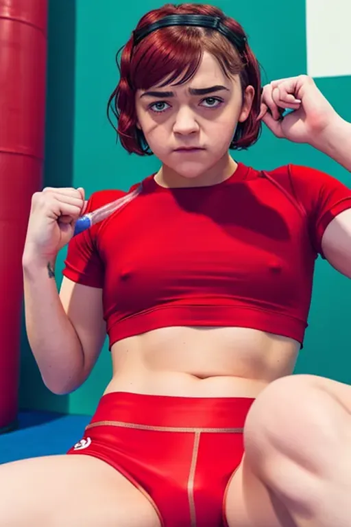 A photo of Maisie Williams, in a red gym top with red tight shorts, her legs crossed looking at the camera,with cum in her dark hair and on her face