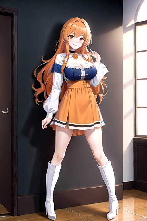 8k quality, brown eyes, pale white skin, orange hair, giant breasts, cleavage, looking at viewer, pov, long hair, wavy hair, full body photo, standing in room, smiling, blue minidress, high heels, knee high boots, choker