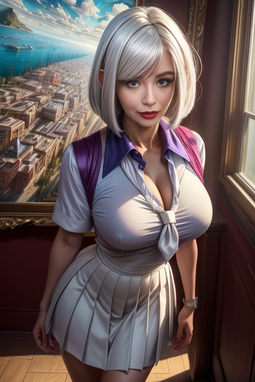 8k, uhd, hyperreal, rim lighting, volumetric lighting, masterpiece quality, backlighting, studio lighting, Vray, sharp focus, tack, dof, crystal clear, film grain, unreal engine, DSLR, pixie, cgsociety, deviantart, artstation,full body in frame,deep brown doe eyes, very vivid red hair, fit, full sexy lips, mouth slightly open,seductive expression,light skin, golden ratio face, greek goddess, (sexy cleavage),((( (dramatic:1.4), hyper detailed , cover magazine featuring a realistic sexy girl with, a pretty face, white hair, (bob long haircut style), purple eyes, (sexy school uniform:1.2), <lora:try2:0.75>, <lora:Loraeyes_V1:0.5> <lora:style-nebmagic:0.45>, vivid colors, 8k, UHD, HDR, (Masterpiece:1.5), (best quality:1.5),
))))),a portrait, absurdres, high quality, incredibly detailed,unbelievably intricate, beautiful detailed eyes, detailed face,<lora:dpmg_add_detail:1>