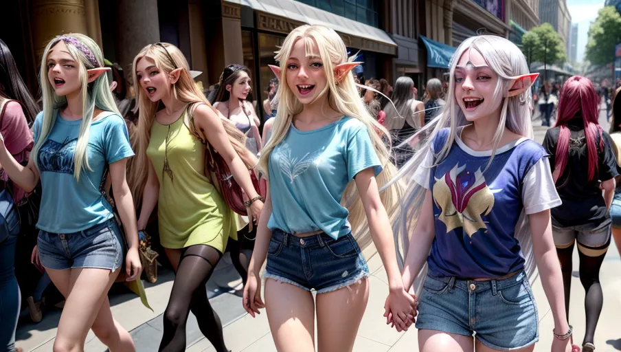 high fantasy, <lora:dpmg_add_detail:1>, twin girls sexy elf, elves who are (barely legal) adults are walking around the mall to buy clothing. The girls have extremely long white hair, fair skin, sky blue eyes, large breasts, pierced ears and are wearing t-shirts and shorts. busy street, laughing and playing with each other, crowded street, (immersive backdrop with mythical creatures), dynamic lighting,