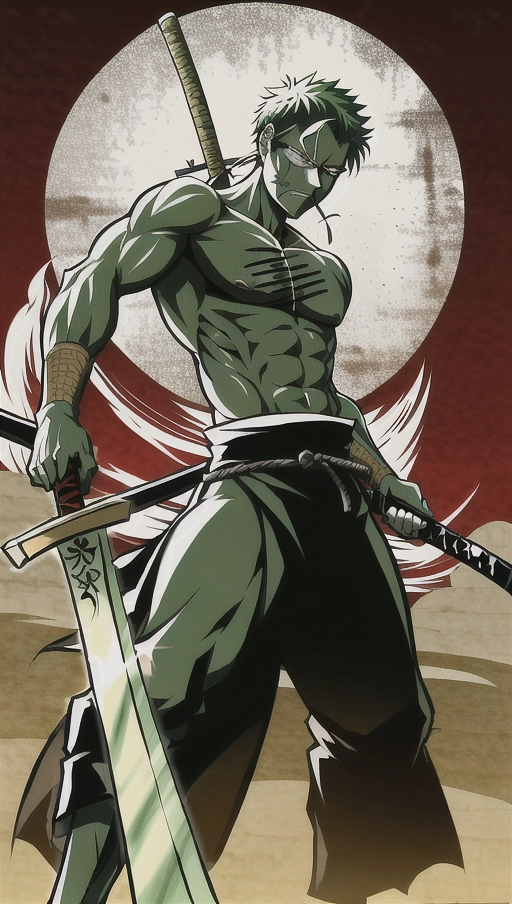 Roronoa Zoro in a sword stance preparing to strike. He looks serious and intense. There is green energy building up around him. His left eye is scared and closed. The drawing is done in ancient Japanese art style.