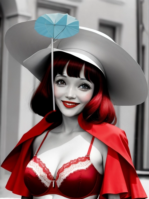 Anna Karina smiling facing camera color wearing a red bra