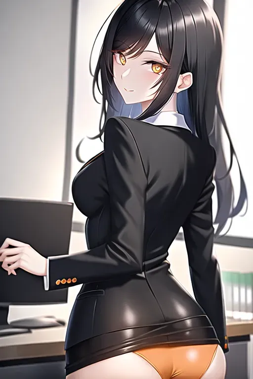 A black haired girl with orange eyes wearing a nice suit showing the camera her naked butt in an office