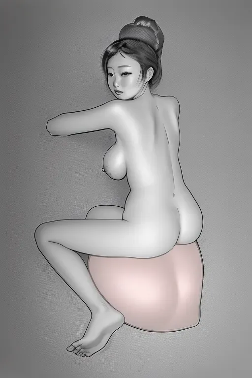 photorealistic ,4k quality,classic japanese woman,big tits,totally naked,light pastel colours,sitting a round buffet,looking back,nipples bared,anatomically correct footonly the back of the upper left arm is seen