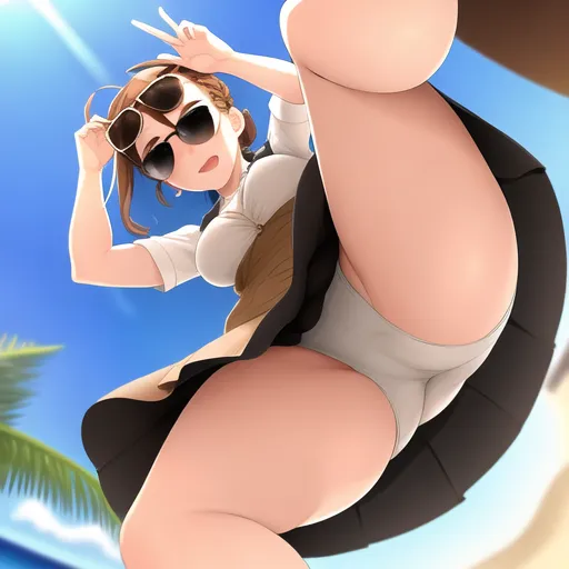 upskirt, no panties, from below, short skirt, looking down, brown hair in a french braid, sunglasses, at the beach,