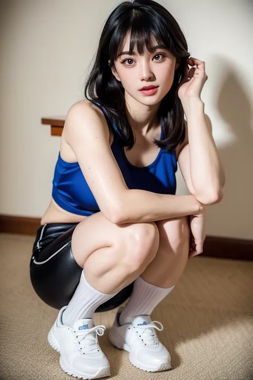 (best quality:2.0), (masterpiece:1.4), high resolution, (photo realistic:1.9), Korean sexy super model, perfect face propotion, nsfw, (thick sports shoes:1.2), navyblue sports wear, knee socks, thick eyebrow, (marble face:1.2), long neck, small lips, large hair band, full bangs, pony tail, ultra large sparkring brown eyes, double eyelids, cheek blush, round cheek, sexy posture, muscular long legs, cleavage, luxury chair, (shiny sweaty ultra pale skin:1.5), big coy smile, beautiful constriction, broad forehead, ultra detailed fabric, detailed skin, dropping eyes, luxury tile poolside,