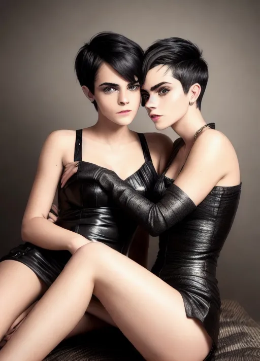a realistic photo of (two women)(first woman is emma watson) and (second woman is cara delevingne),(prostitutes hookers whores)(halter top)(cheap jewelry) (very short mini skirt)(knee high boots), (accurate face) (show complete face), (pinup), sexy pose, (ATHLETIC BODY) (slender build) (skinny body)(thin), (small firm breasts) five slender fingers, (short pixie buzz cut hairstyle)(messy)(jet black hair), beautiful face, beautiful lips, detailed eyes, curved eyebrows, cinematic lighting, studio lighting,professional,editorial,(lesbian sex)(sloppy kissing) (making out)