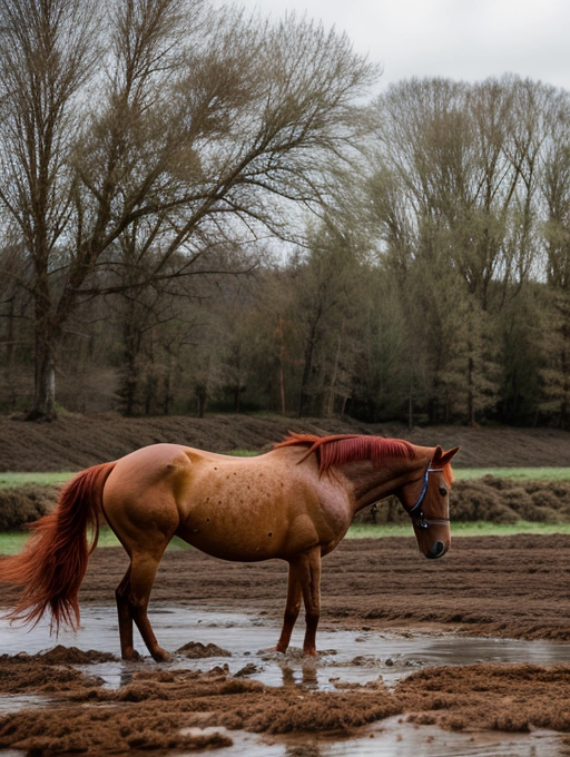a naked redhead lady casually wallows manure surrounded by horses
