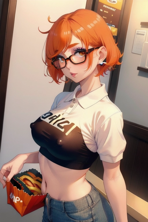 High resolution, masterpiece, fair skinned girl, short orange hair, puffy nipples, long eyelashes, eye contact, petite, blushing, heart eyes, hearts in eyes, sharp eyebrows, cute eyeshadow, big lips, fast food worker, wearing big round glasses, wearing crop top polo shirt, small skinny body, showing tits