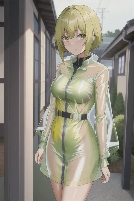 medium shot, 20 year old, an anime girl, insanely beautiful, transparent raincoat, yellow, house party, day time, natural light, surprised, 8k, professional