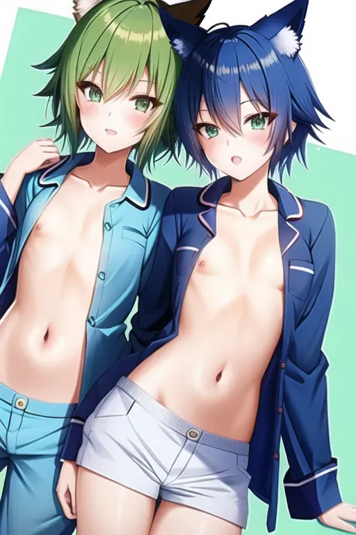 short blue hair, fox girl, green eyes, pajamas, flat chest, unbuttoned shirt