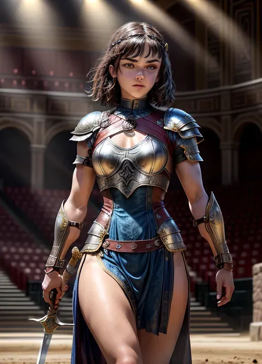 Hyper realistic photo of gorgeous young woman, Beautiful gladiator, Maisie Williams, (((full length body shot))), standing in an arena, large area with crowd watching, Bright sunlight, Roman style armour, leather armour, carrying a sword and shield, sexy smile, lips parted, highly detailed face, beautiful face, accurate face, model face, slim body, toned body, toned legs, intricate, highly detailed, wide shot, alone, mystery, photorealistic, realistic, life-like, dark hair, beautiful, dirty, focused, piercing blue eyes, dirty, scratches, blood stains, normal arm length, Roman era, medium breasts, perfect breasts, HD resolution, high res, full body, fighting pose, sharp focus, <lora:dpmg_add_detail:1>, leather, one sword, one shield, realistic pose,