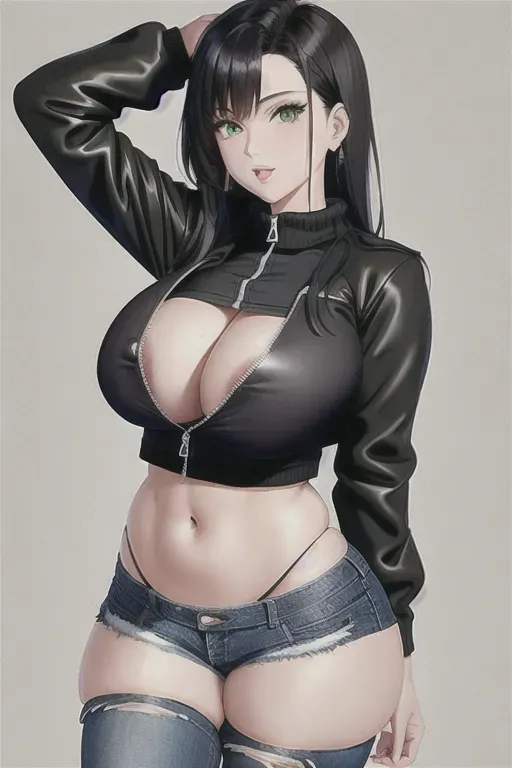 Black hair, green eyes, panties, cropped unziped jacket, jean shorts, big boobs, big butt, no shirt, thick