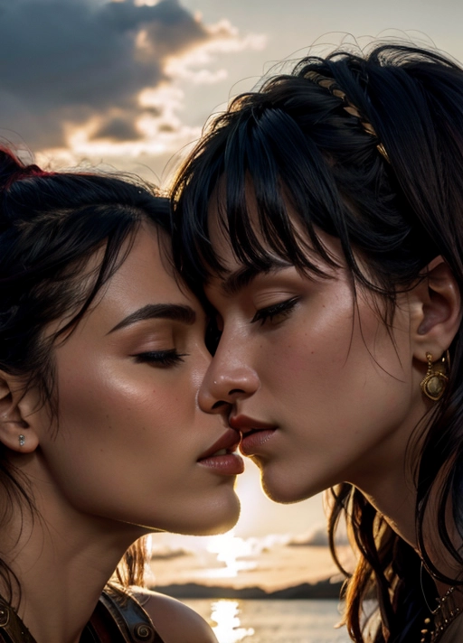 a professional photograph, Xena Warrior Princess and Gabrielle kissing, vivid colors, cinematic lighting, cinematic composition, 32k, HDR, highest quality, highest resolution, (photorealist:1.72), (photorealism:1.72), (masterpiece:1.18), --s 750