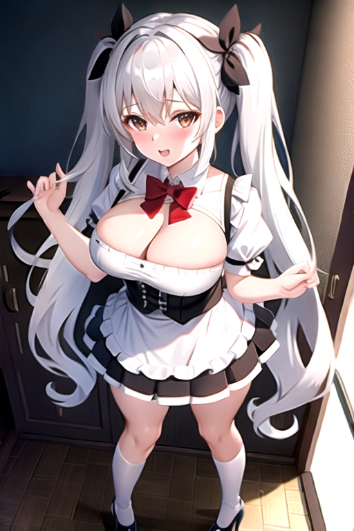 4k quality, brown eyes, pale white skin, white hair, giant breasts, cleavage, looking at viewer, pov, long hair, wavy hair, standing in bedroom, maid uniform, high heels, miniskirt, pigtails