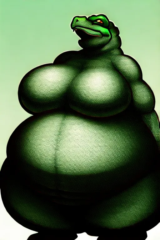 morbidly obese anthropomorphic lizard creature with huge boobs, female sex, scales, scalie, dinosaur, dragon, obese, fat, fat rolls, lizard scales skin, big breasts, green scales, scales skin, skin is made out of green lizard scales, nude, no clothing, huge fat belly, obese belly fat, pregnant belly fat, creature, reptile, lizard_tail, solo