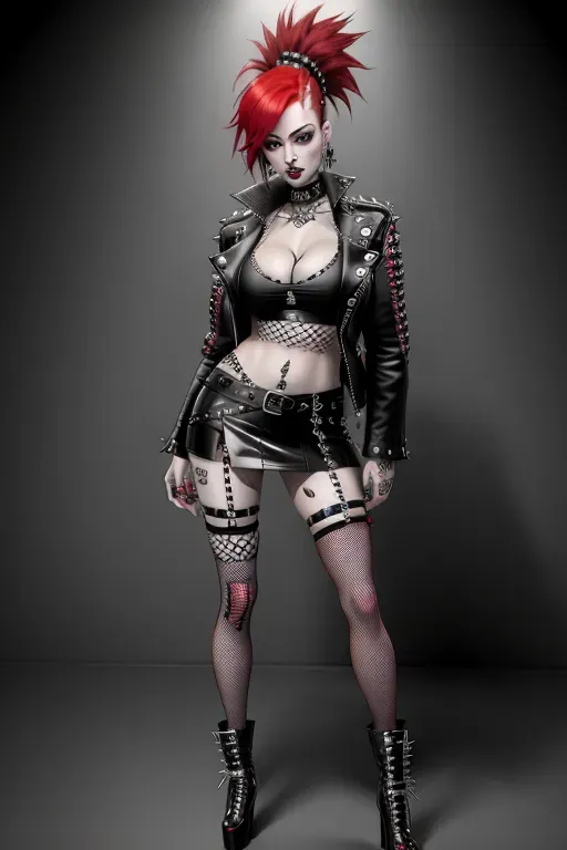 Punk girl, red hair, punk clothes, punk hair, looking at camera, cleavage, focus on face, black lipstick, eyeliner, eye shadow, posing, teasing, shy, embarrassed , full body, long legs, mini skirt, fishnets, detailed face