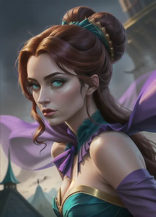 low angle dressed in elegant teal and purple velvet gown and teal and black cape with black bodice with gold trim, the one she wore to the unveiling of the statue of her parents, her hair done up in a low hanging bun, sweet Beautiful youthful sultry auburn haired newly turned vampire Queen Anna of Arendelle runs her tongue across her new formed pair of vampire fangs her eyes glowing bright red as she rises from her dark foggy cobwebbed crypt. photorealistic.