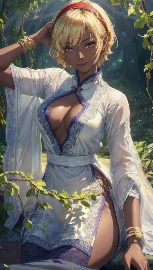 (Best quality, high quality wide angle landscape wallpaper, high res, 4k, HDR, UHD), 1 naked mature adult woman, (a breathtaking masterpiece of extreme close up portrait of a dark skin adult woman sitting in a druidic room full of vines and leaves), (pale blonde short yellow hair with red hairband and braided to one side, very sexy white qi pao:1.2),
(correct slender human anatomy with dark skin, revealing and intricate white qi pao), (extremely detailed purple eyes:1.25), (extremely detailed view of her mature face with happy expression:1.38), (beautiful detailed full lips smiling happily:1.28), ((extremely zoomed in detailed view of realistic adult face with dark skin:1.35)),
(very soft natural lighting creating a peaceful scene), high contrast, abstract feel, ethereal, sensual pose, five slender fingers,
soft daylight, vivid colours, close up cinematic composition view of a mature adult woman, soft focus, sharp and clear image, (candid:1.1), (flat shading stylised art:1.27), <lora:dpmg_add_detail:0.45>, (physically-based ray tracing, photon mapping, photorealistic:1.35), ((high resolution masterpiece, 4K, HDR, UHD:1.45)), trending on artstation, (pale blonde short hair and yellow braid to one side, dark skin), a fantasy druidic room full of vines and leaves, fireflies