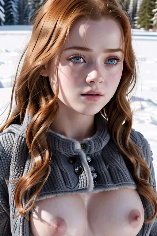 A 8k resolution photo shot of,sadie sink ,((((wearing winter outfit)))),((((posing and revealing two boobs out)))),((detailed hair features)),((detailed facial features)),((((looking at the camera)))),(beautiful lips),(detailed body features),(detailed arms features),textured skin,(((public scene)))