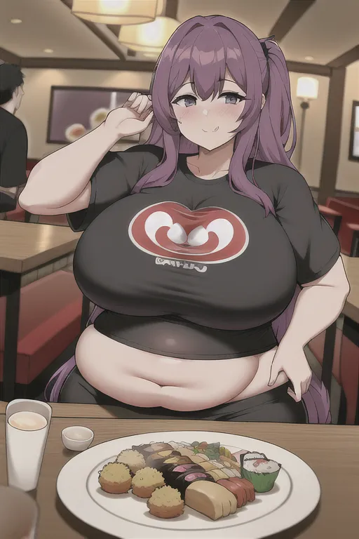 UHD, 1girl, milf, onee-san, cocky, dinner date, at restaurant, sitting at table, eating, pile of food, too much food, huge plate of food, multiple plates of food, pile of dishes, feast, tons of food, sushi, spaghetti, steak, chicken nuggets, glutton, black shorts, bright purple t-shirt, very fat, big belly, muffin top, chubby, wide waist, overwight, obese, growing, too fat, weight gain, bloated, anime style, vibrant colors, bright colors,