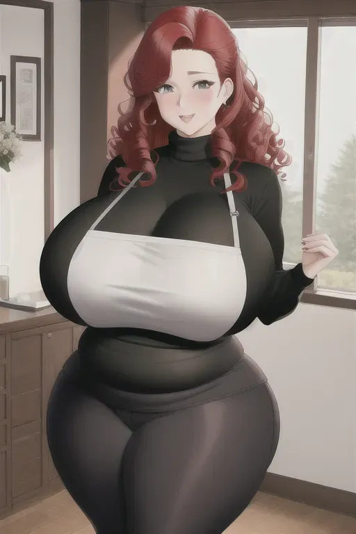 curly hair, redhead, female, milf, mommy, turtleneck sweater, yoga pants, heaving saggy tits, head-sized breasts, massive apron-like belly rolls, belly sagging towards knees, SSBBW, over 400 pounds, fat face, fat belly, fat arms, hyper thighs, wide hips, massive butt