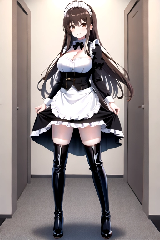 8k quality, brown eyes, pale white skin, brown hair, giant breasts, cleavage, looking at viewer, pov, long hair, wavy hair, full body photo, standing in room, smiling, black maid uniform, miniskirt, high heels, black knee high boots, black choker