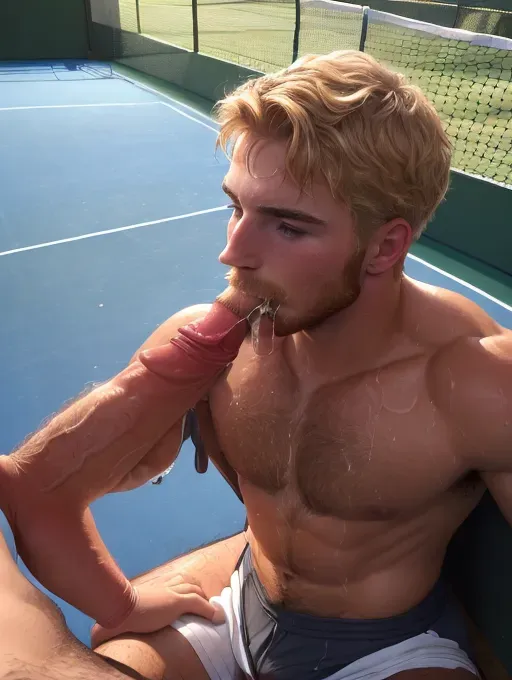 (((((2men))))), (((photorealistic))), a very accurate and highly detailed professional photo of a handsome fit sweaty (soaking wet) tan caucasian male tennis player (looks like Djokovic) sitting on a bench with his shorts around his ankles (cock exposed) having an orgasm (orgasm face) while his opponent (handsome perfect caucasian short-haired blonde young beautiful skinny hairy shirtless perfect male body) kneels between his perfect muscular slightly hairy legs and swallows his veiny thick perfect dick (dick in mouth), on the sidelines of an empty tennis court after the lights go out, night time, View from the side pov, (((1mans cock in another mans mouth))) (gay blowjob),