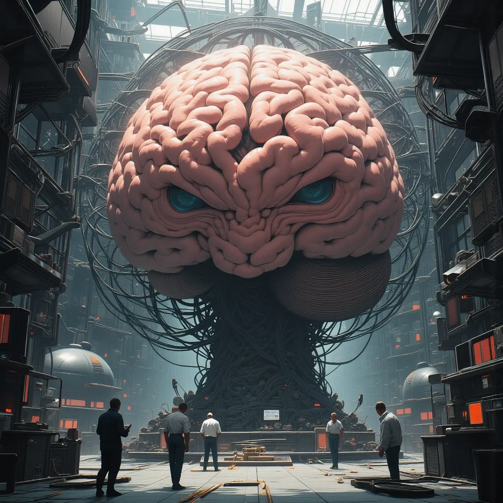 In the center of the room, a colossal human brain is intricately connected to advanced computers housed in the surrounding racks by millions of wires. This extraordinary brain possesses two eyes that fixate upon us with astonishing precision, captured in a painting with unparalleled detail and resolution at 64K. There are two alien scientists who are examining the brain.