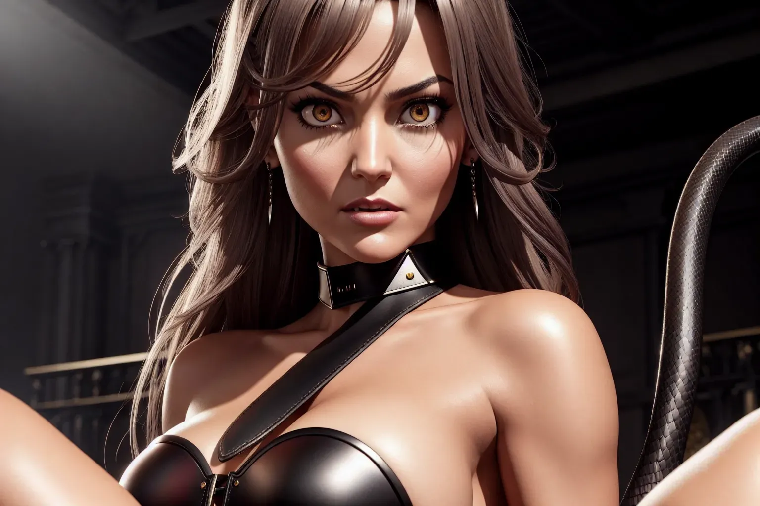 a concept art wide shot of (Olivia Wilde)(completely accurate face)(angry glaring eyes)(Sinister expression), (as a cruel Dominatrix),<lora:dpmg_crazy_expression:1>, full body, in a kinky bedroom,(wearing leather snake scale armor),(skinny slender athletic physique)(wind swept)(long wispy hair tendrils sides),(very tiny perky breasts), five slender fingers,beautiful face,beautiful lips,detailed large eyes,curved eyebrows,cgsociety,natural lighting,professional,editorial, (oily skin glistening)(bokeh)(in the style of Bordelands)
