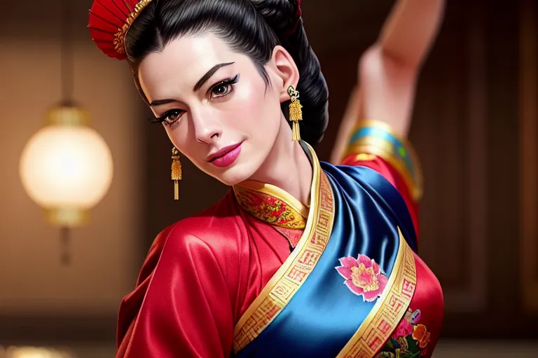 a color pencil draw of,anne hathaway,wearing chinese costume,dancing,in the kitchen,five fingers per hand,ponytail,beautiful face,beautiful lips,blue eyes,curved eyebrows,curved eyelid,textured skin,joyful,tattoo,cinematic lighting,sharp focus,unreal engine,ultra realistic,surreal