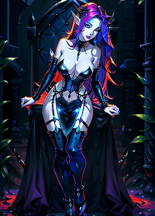 (((Full body veiw))), fey sorcerer queenn ruling from a throne in the winter court, wearing revealing royal dress, (posed seductively), pretty face, long smooth hair, multi colored hair, C cup breasts, (perky breats), feminine facial features, eye shadow, mascara, two tone hair, ((punk style)), ombre hair,
(Eyelash extensions), winged eyeliner, black lipstick, wide hips, narrow waist, ((hourglass figure)), beautiful face, pretty eyes, (feline pupil), pointed ears, long elf ears, big breasts, plump lips, high quality image, long acrylic nails, big eyes, wicked smile, (<lora:dpmg_crazy_expression:1>), detailed face
