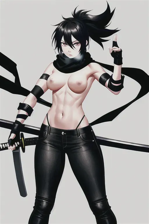 topless, black jeans, fingerless_gloves, toeless_gloves, yoga_socks, feet, toes, electrical_tape, black_lipstick, nipples, standing, fighting, tape, swords, dual wield, scarf,