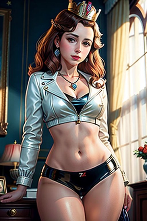 Colour picture of a ((young brunette Queen Elizabeth II)), ((accurate face)), ((short dark hair)), in white leather jacket and tight black latex panties, ((bare thighs)), elegant interior, elaborate necklace,