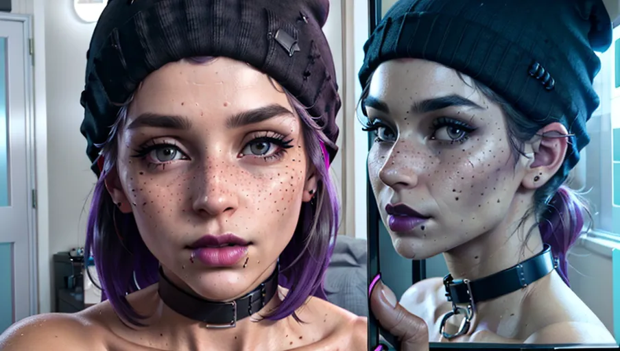 photorealistic, 8k, accurate face, (((detailed face))), (((replicate inspiration face))), freckles, black lipstick, wearing black beanie, collar,
<lora:dpmg_photo_compare:1> ,phone, cellphone, smartphone, holding, Nude,
location is bedroom with purple lighting, movie posters on wall, messy bed,