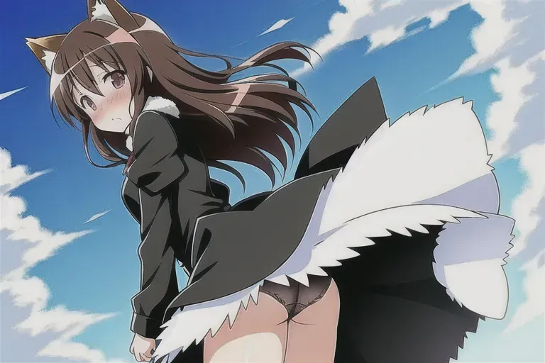 Dress blown by wind, panties, tight ass, furry, embarrassed expression