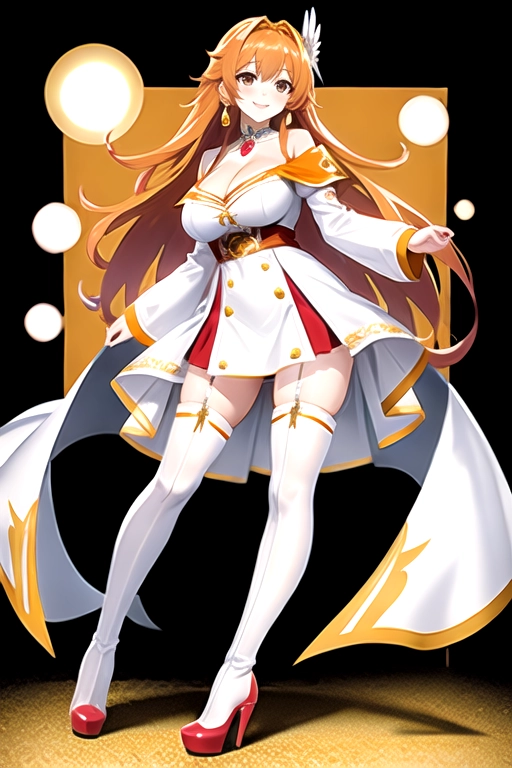 8k quality, brown eyes, pale white skin, orange hair, giant breasts, cleavage, looking at viewer, pov, long hair, wavy hair, full body photo, standing in room, smiling, white minidress, high heels, knee high boots, choker