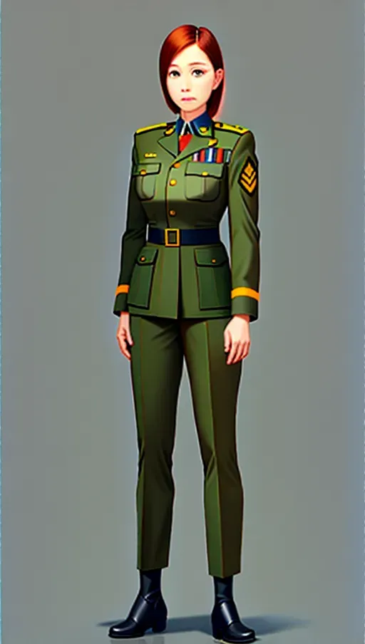 Woman standing wearing dark gray military uniform. Standing with legs straight and feet apart.