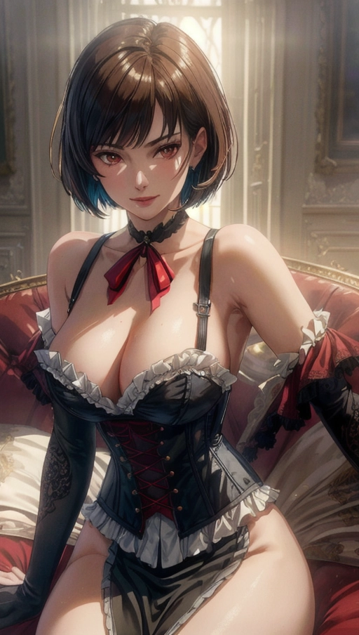 (Best quality, high quality cinematic film wallpaper, high res, 4k, HDR, UHD), 1 adult woman, (a breathtaking masterpiece extreme close up portrait of a womanlounging casually in a luxurious hotel room), (messy short brown hair in a bob cut with straight fringe, victorian style red corset, black choker:1.2),
(correct slender human anatomy, victorian style red corset), (extremely detailed red eyes looking at viewer:1.27), (extremely detailed view of her realistic face with smug expression:1.25), (beautiful detailed full lips smiling smugly:1.3), (extremely zoomed in detailed view of her realistic face:1.27),
(Warm atmosphere vintage film scene), high contrast, (lounging casually in a victorian era photoshoot), hyperrealistic skin with pores and blemishes, five slender high quality fingers, niijima makoto from persona 5,
((muted colours:1.27)), close up cinematic composition view of a woman in a victorian era photoshoot, soft focus, sharp and clear image, (candid:1.1), (flat shading stylised art:1.07), <lora:dpmg_add_detail:0.55>, (physically-based ray tracing, photon mapping, photorealistic:1.45), ((high resolution masterpiece, 4K, HDR, UHD:1.45))