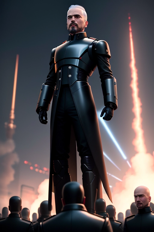 A passionate android with the face of Lenin who stands on a pedastal speaks to a mass of Androids in front of him and his demands for liberation are received with ecstatic applause