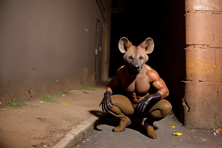 An Anthropomorphic hyena, brown, tan, squatting, legs open in dark alley