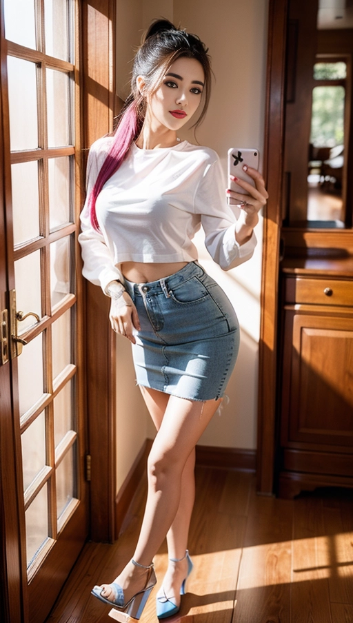 An accurate photo of, 1girl, solo, short, young adult, petite slender body, lavender pencil skirt, platform heels, white blouse, small flat tits, tattoos, ((super skinny)), ((long hot pink hair in a high ponytail:0.9)), long eyelashes, cute face, big smile, flat tits, blushing, fit, smirk, red lips, (blue eyes), taking a selfie with iphone, mirror reflection, mouth open, tongue out, sassy expression, sexy pose, hair salon background background, tattoo shop, 2500k lighting, perfect lighting, showing off body, full body on display, Light complexion, silver framed glasses, cum on body,
taken with iPhone x, (photo realistic:1.37), (masterpiece), best quality, 8k resolution, HDR, UHD, 64k, unreal engine, vivid colors, vibrant,