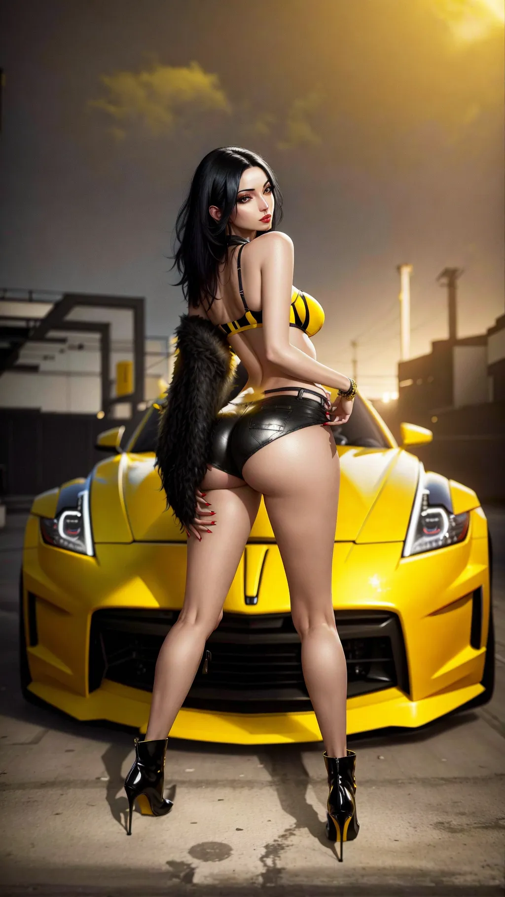 Sexy skinny girl with black hair, standing infront of a 350z, looking back, wearing a yellow bra and short shorts, buttcheeks exposed, high heel boots,