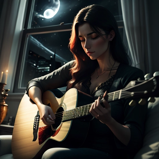 Beautiful woman sitting in a living room playing guitar, sad, emotional, gloomy, dark, powerful, (night time), (moonlight through the window)