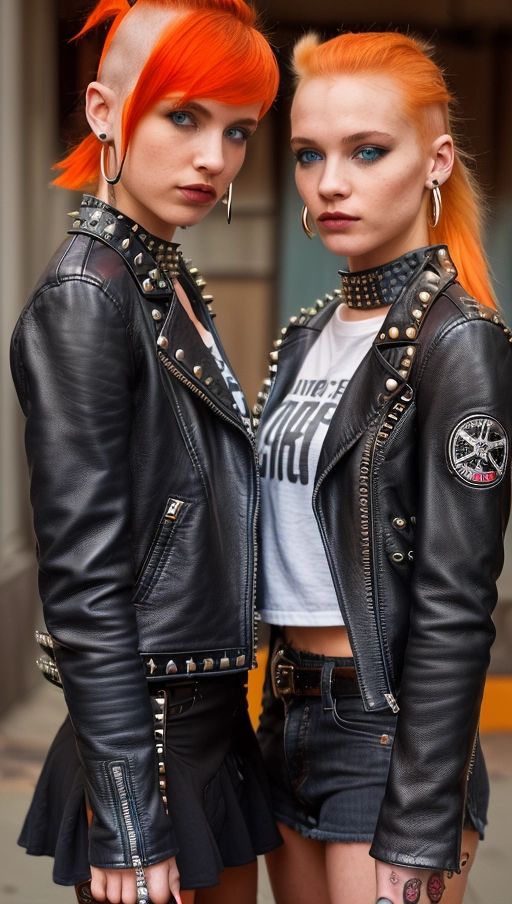 Ultra hi-res photographic portrait of (two young pretty punk chicks) , (standing side by side) , about 18 yr old , 1 blue eyed and 1 grey eyed respectively, (both have white scleras) natural face, B-cup breasts, (cute), (rebel), skinny, (1 orange hair in a side swept shag) and (1 shaved with blue mohawk) , both with several earrings, (Black leather jackets with studs) , ragged t-shirt with anarchy symbol, tattoo, studded leather collar, long eyelashes, button noses, slutty, kinky, (round irises:1.0), pale faces, happy fuck off eyes, fit, looking slightly drunk, (holding a can of bear each) . Both girls hold a can if beer in their right hand, the girl. (Their thumbs are hidden behind the cans) , (the other for fingers of each are visible). They have their left hands in the left pocket of their leather jackets.
bokeh street background, ((ultrasharp)), (realistic), realistic skin, ((accurate faces)), ((white scleras)), strong dynamic, (((masterpiece))),
<lora:e7bpZPXdVJv_hold_open_drink:1>
<lora:4AVLR4y3byB_zoomsl_phrealism2:1.7>,
<lora:plVOer6ObyM_epiCRealismHelper:0.7>,