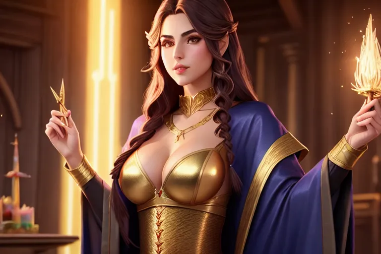 a color pencil draw of,a wizard,wearing wizard clothes,touching breasts,at the party,big breasts,five slender fingers,fishtail hair,gorgeous face,beautiful lips,brown eyes,curved eyebrows,smooth skin,peaceful,wearing golden ring,cgsociety,sharp focus,professional,editorial,8k