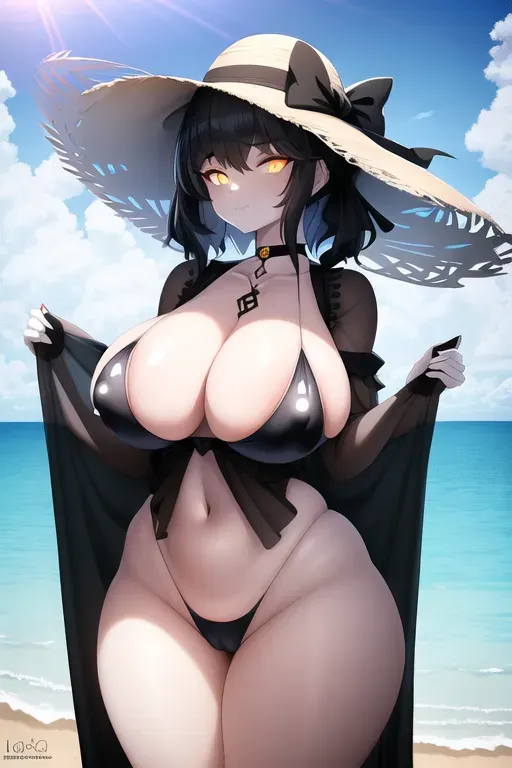 1girl,high quality,high res,HD,beach,glowing eyes,short,pale,black hair,relaxed,tiny waist,tiny belly,huge engorged breast,huge thighs,huge hips,aroused nipple,voluptuous,sun hat,transparent micro bikini and robe,gothic,choker,silver jewelry,arm around waist,front view,