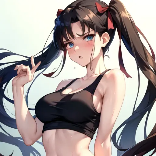Rin Tohsaka, Rin, Tohsaka, Fate Stay Night, Fate, Nyotengu (DOA), Dead or Alive,
masterpiece, solo, best quality, nsfw, bokeh, uncensored, ultra realistic face, perfect eyes, perfect edges, two arms, two hands, ultra realistic, perfect face, perfect anatomy, (soft focus), ((perfect lighting)), full body, beautiful woman, beautiful, mature woman, sexy, adult, old adult, mature adult,
pigtails with ribbons, long black hair, full bangs, small eyes, tiny eyes, proportional eyes, blue green eyes,
cleavage, ((perky breasts)), big breasts, big boobs, huge boobs, busty, perfect boobs, perfect breasts, skinny, thin,
tank top, round neck top, flowing tank top, see-through tank top, loose shirt, joggers, sporty, running attire, casual clothes, casual, summer clothes, dressed for a hot day, sweaty, wet, sweaty body, wet body, dripping wet, plaid skirt
naughty, naughty expression, naughty face, naughty look, seductive, seducing, horny expression, horny, embarrassed,