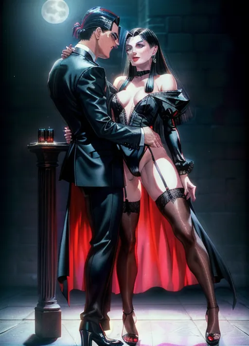A (full-body shot:1.3) (wide-angle shot) of, (1girl 1boy), (1girl is Anjelica Huston circa 1990 as Morticia Addams:1.3), tall, (thin:1.3), goth look, (wearing a sheer black (see-through:1.3) floor-length pencil-dress neglige), (visible nipples and pubic hair:1.3), wearing sheer black panties, wearing black strapped stiletto heels, pale skin, blood red lipstick, (black nail polish), black eye shadow, raven-black hair, (((a single red rose clenched between her teeth))), (in a misty cemetary at night), with light from a (large full moon:1.3), (((1boy is Raul Julia circa 1990 as Gomez Addams:1.3))), (((wearing pin-striped charcoal suit white shirt with bowtie))), (kissing 1girl hand:1.3), (1girl 1boy looking lovingly into each others eyes while they dance a tango:1.3), neo-noir style, cgstation, DeviantArt style,
(<lora:dpmg_add_detail:0.95>), (four anatomically-correct pretty fingers and one proportional opposable thumb per visible hand:1.3), (beautiful symmetric detailed glossy eyes:1.3), beautiful lips, curved eyebrows, detailed face, detailed textured skin, realistic detailed hair, pretty teeth, skin pores, pretty realistic feet, (pretty symmetric realistic eyes), realistic teeth, realistic mouth, bushy pubic hair, realistic skin color, realistic skin tone,realistic hair color, realistic hair tone, five pretty realistic toes,
(8k RAW photo), (best quality), (masterpiece:1.3), (photorealistic), studio lighting, rim lighting, hair highlighted, UHD, Nikon Z5, (35-80mm zoom lens), (zoom out), f2.8, sharp focus, tack sharp, dof, film grain, Fujifilm XT3, (bokeh), dramatic lighting, rim lighting, subsurface scattering, volumetric lighting, focused, intricate detailed background, dramatic pose, dramatic pov, dramatic angle, dramatic lighting, cinematic composition, (cinematic lighting), HDR, (highest quality:1.8), highest resolution, (photo-realistic:1.72),
--s 250, --v 5.2, --A k_dpm_2,