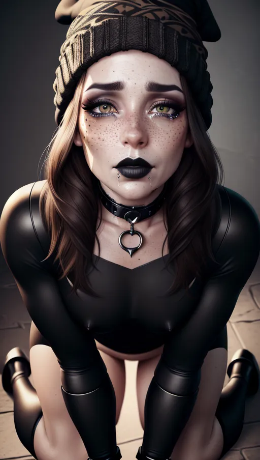 photorealistic, 8k, accurate face, detailed face, (((replicate inspiration face))), freckles, black lipstick, brown hair, black beanie,
1 girl,NSFW,deepthroat,kneeling, highly detailed, crying, highly detailed face, slave collar,bound wrists,4K,